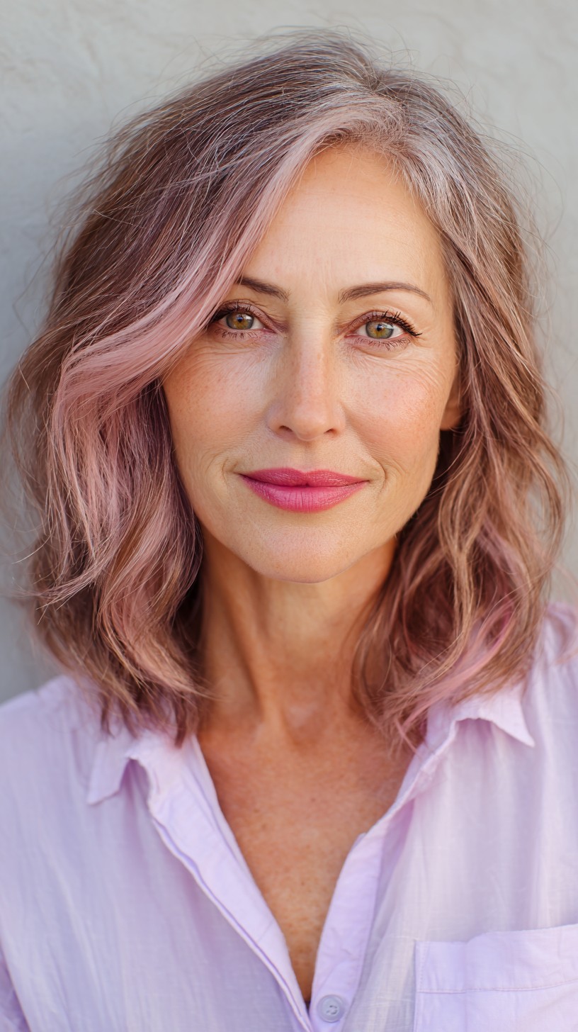 Textured Shoulder-Length Waves with Rose Gold Highlights