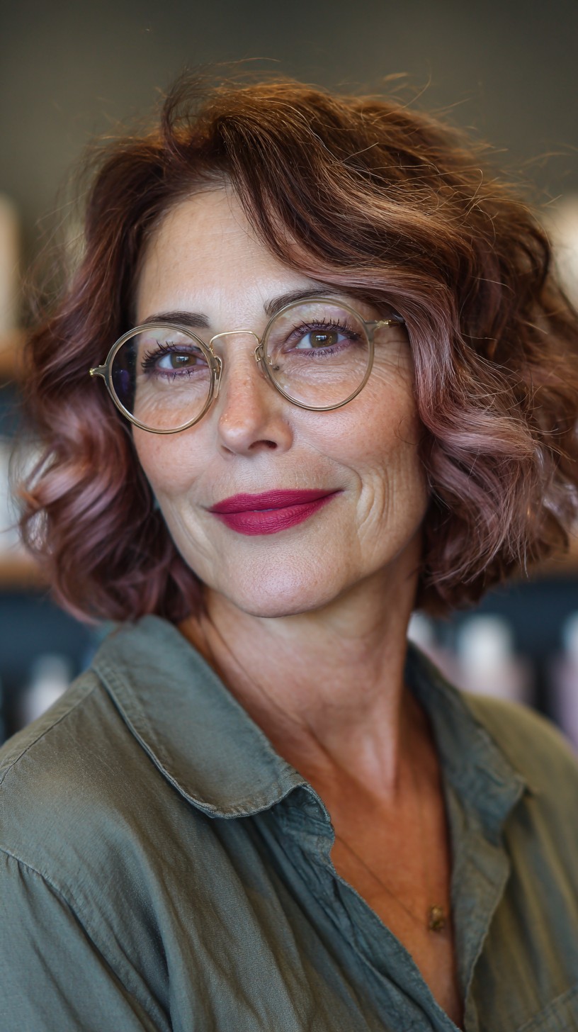 Charming Curly Bob with Rose Gold Highlights