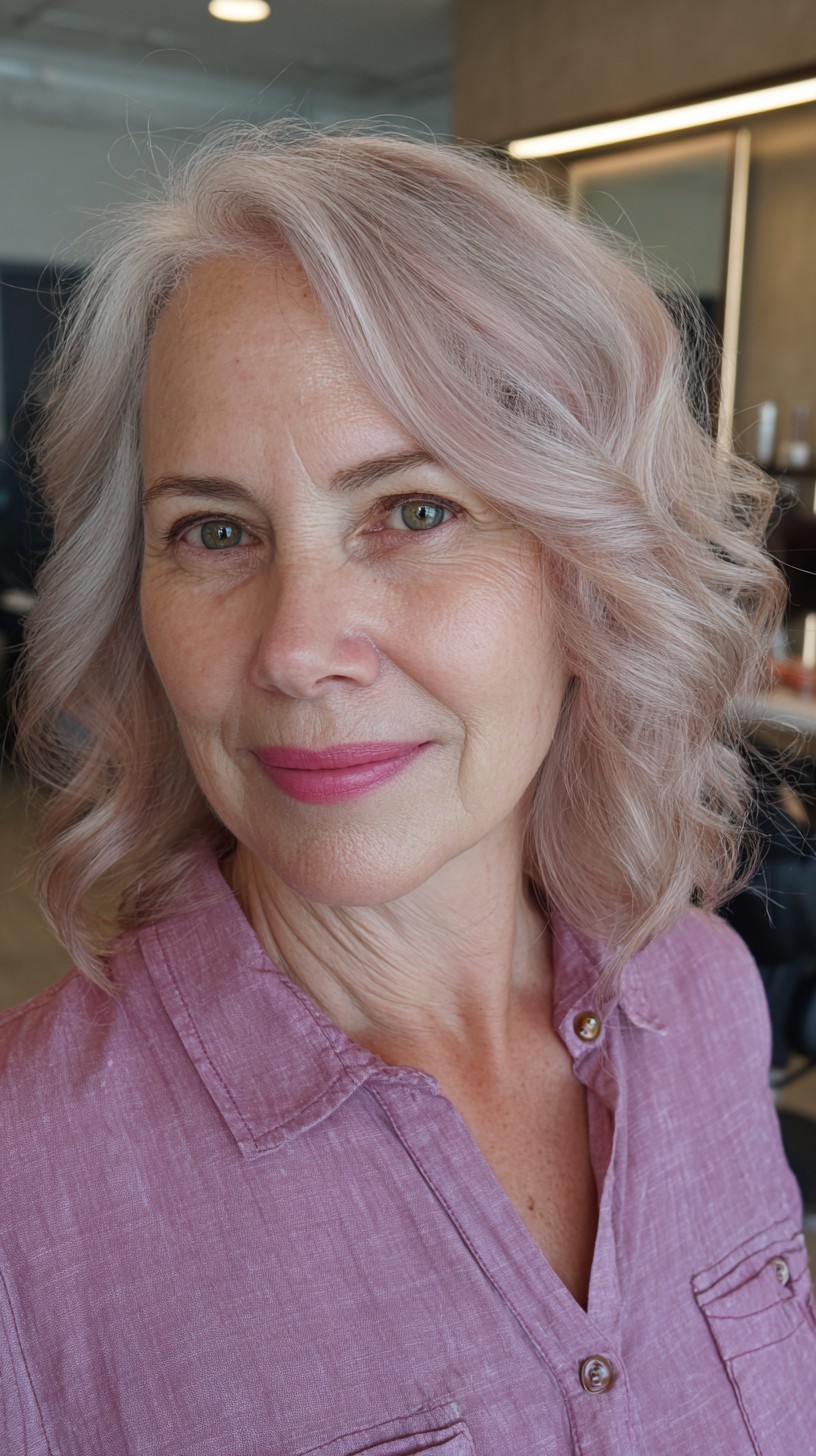 Charming Light Rose Gold Curly Lob with Soft Texture