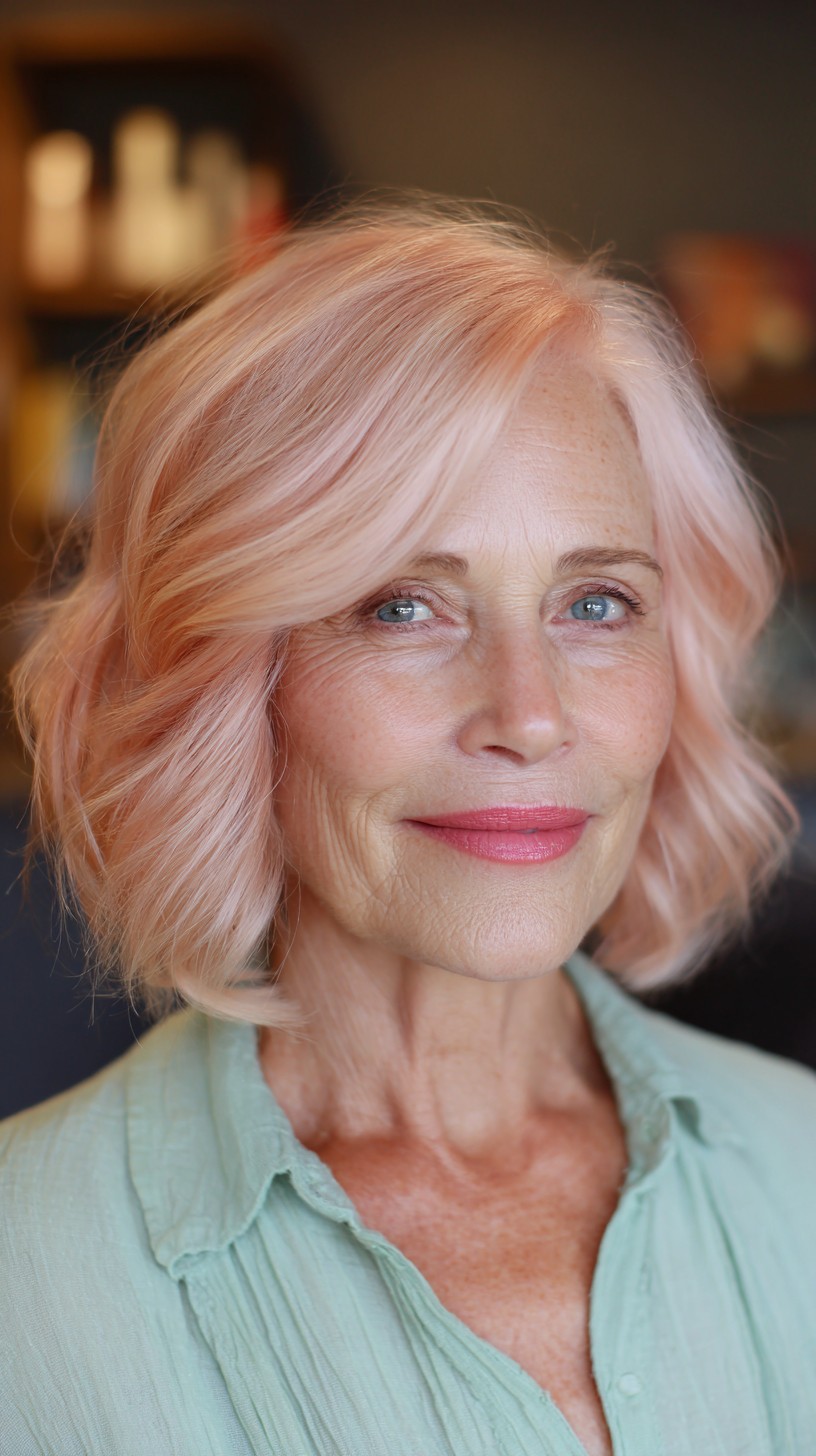 Charming Light Rose Gold Curly Lob with Soft Waves