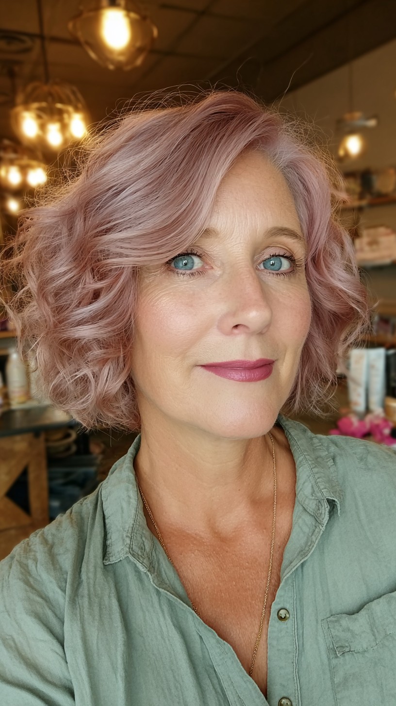 Charming Rose Gold Curly Bob with Soft Layers