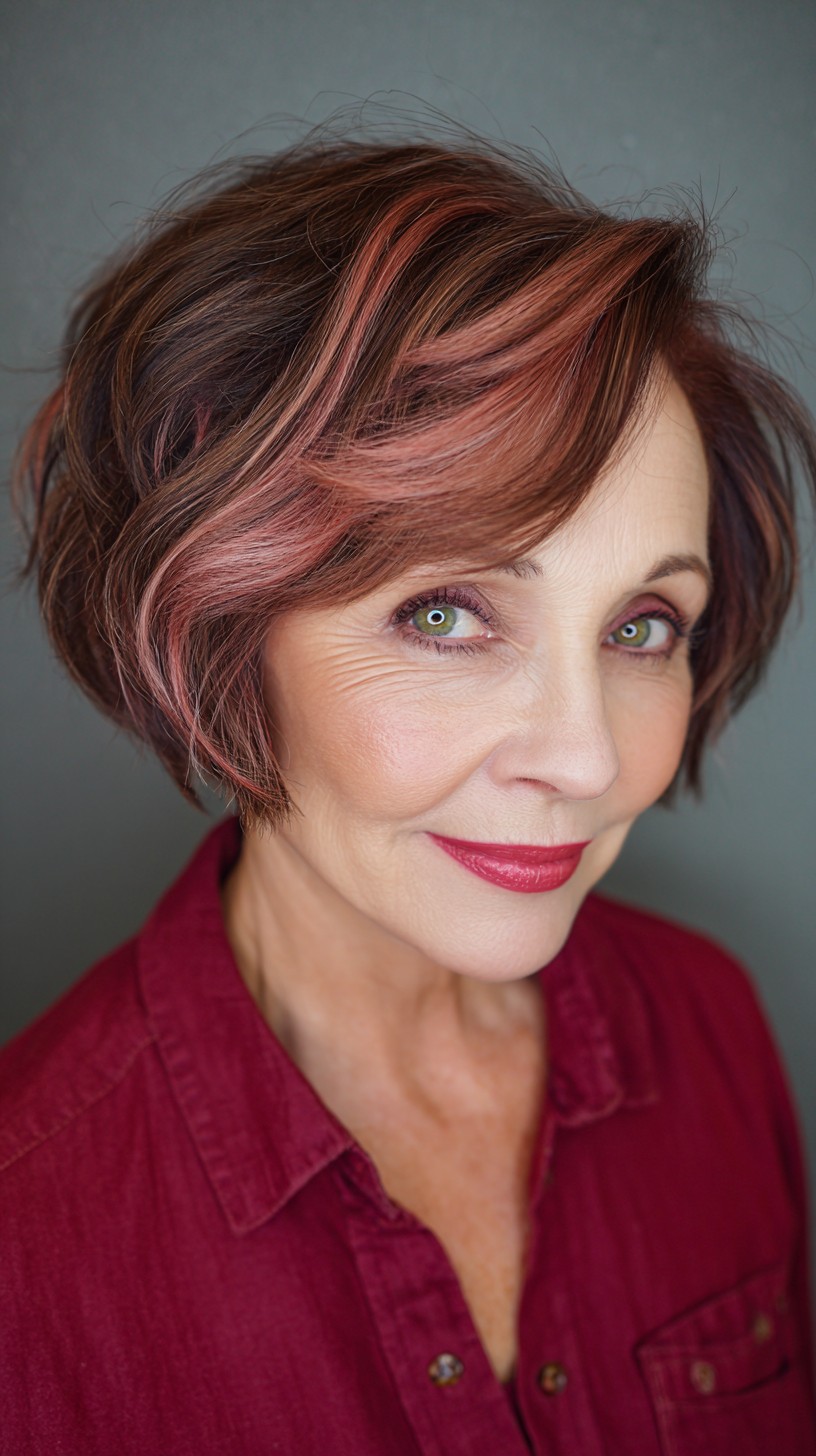 Charming Textured Bob with Rose Gold Highlights