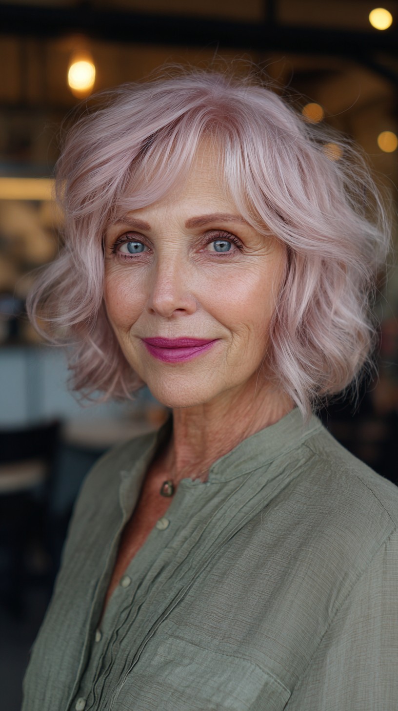 Chic Light Rose Gold Curly Bob with Textured Layers