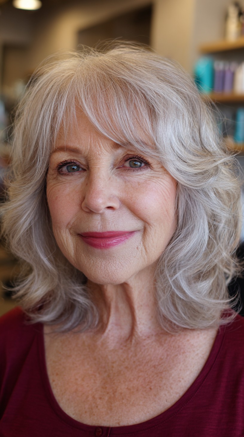 Chic Softly Curled Silver Lob with Subtle Layers