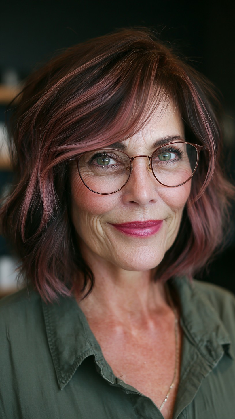 Chic Wavy Lob with Rose Gold Highlights