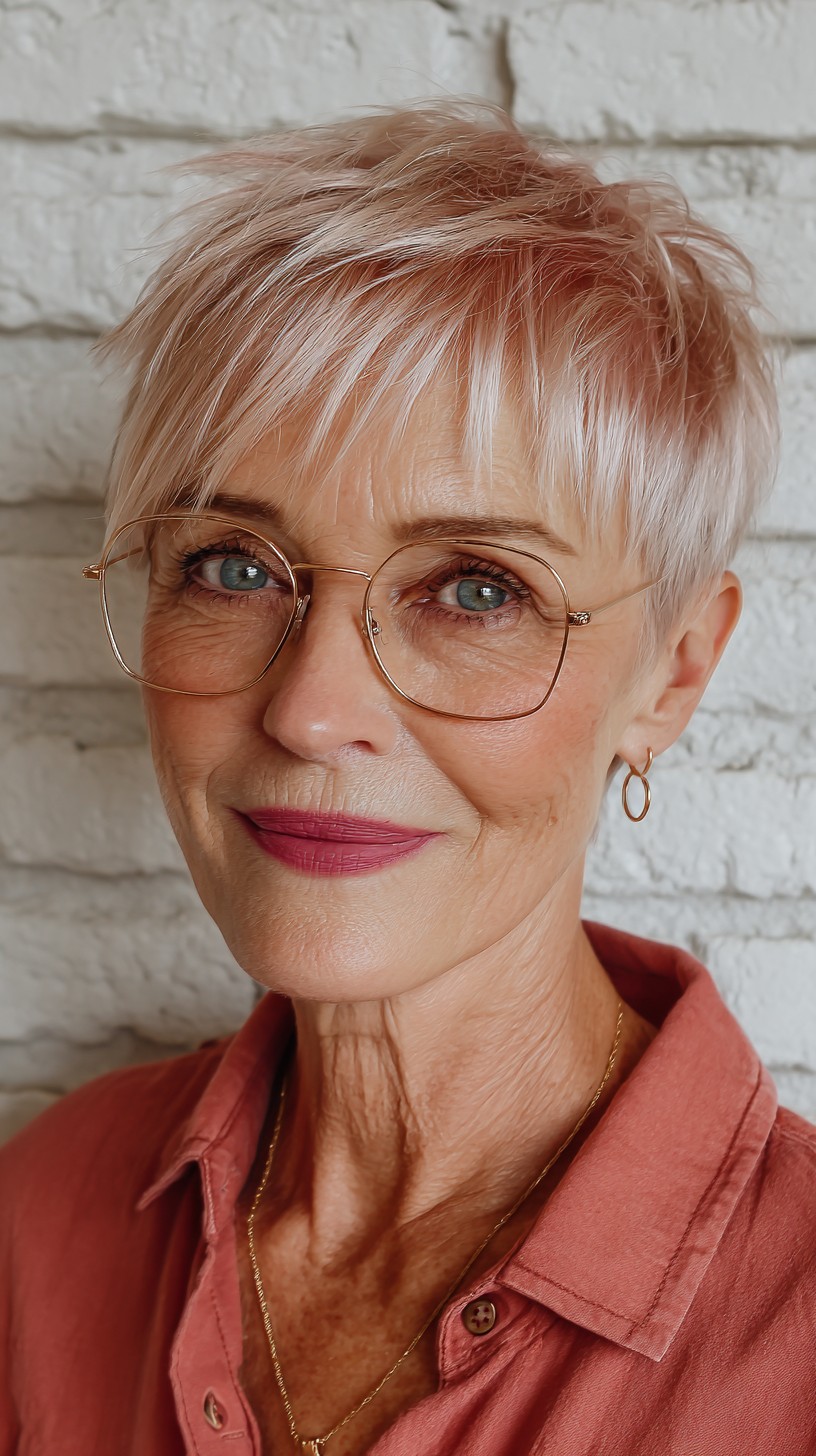 Edgy Light Rose Gold Textured Pixie with Soft Layers