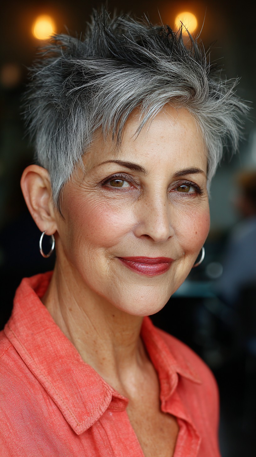 Edgy Textured Silver Pixie with Long Bangs