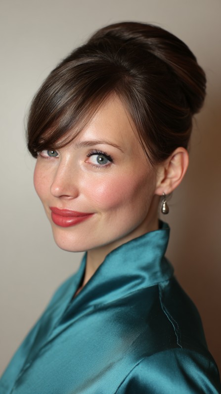 Elegant High Bun with Soft Side Bangs