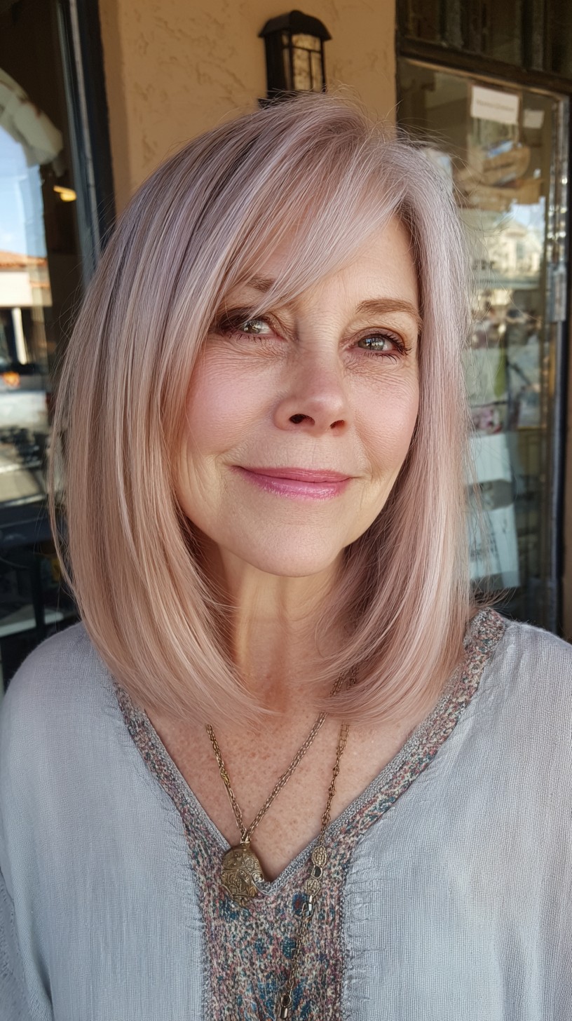 Elegant Light Rose Gold Shoulder-Length Cut with Soft Layers