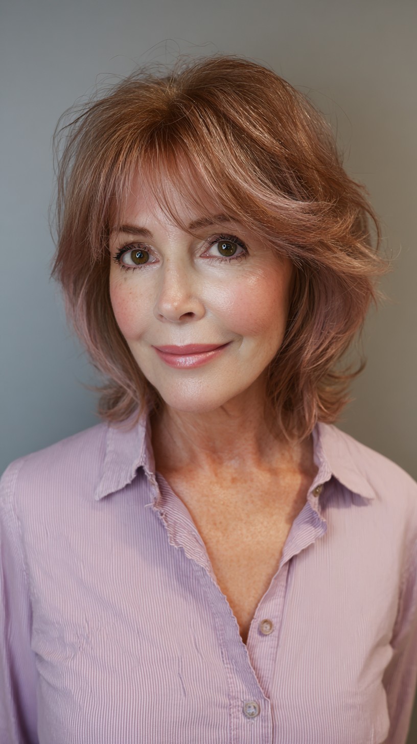 Flattering Textured Shag with Rose Gold Highlights