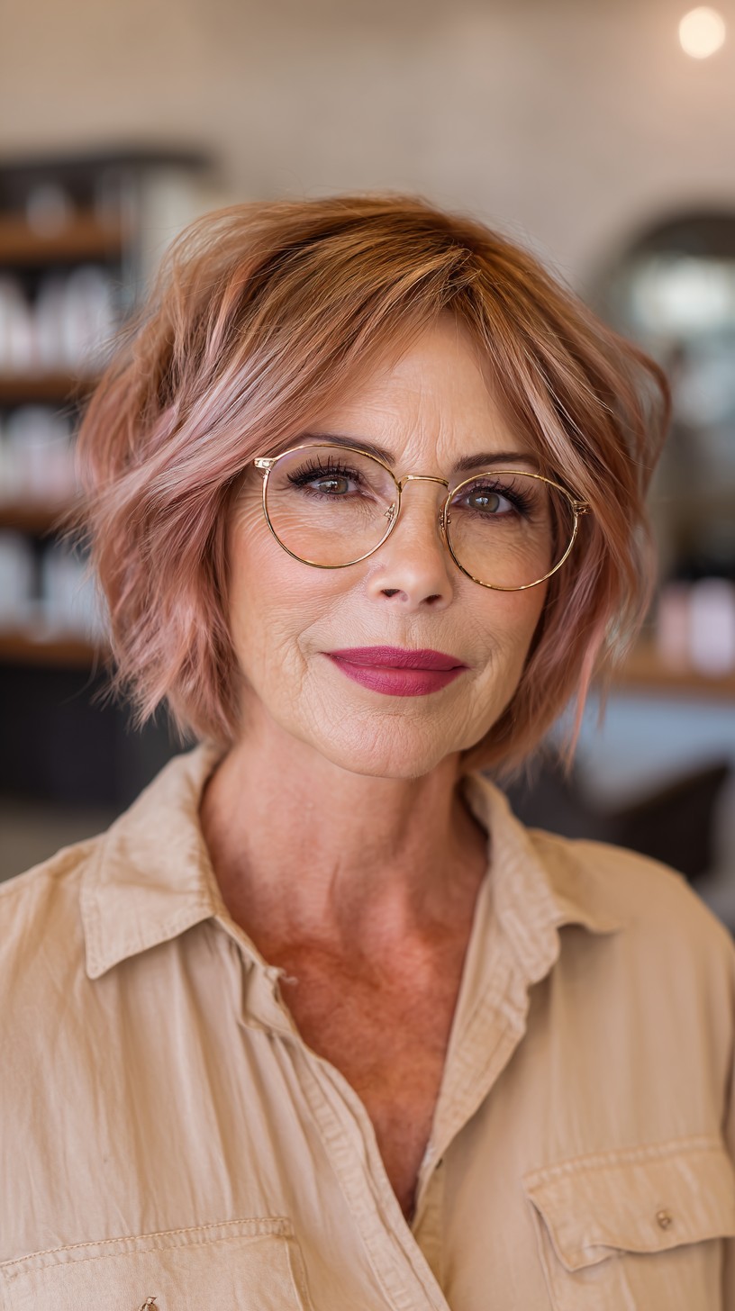Layered Textured Bob with Rose Gold Highlights