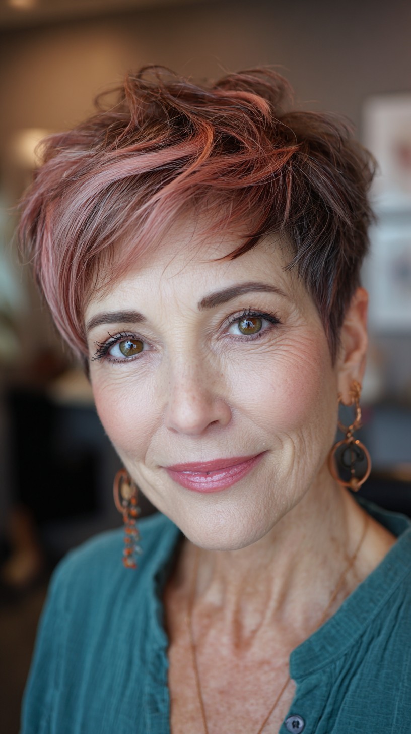 Modern Textured Pixie with Rose Gold Highlights