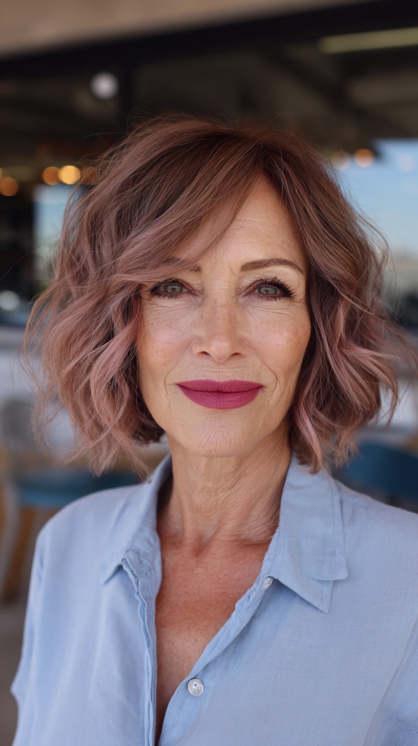 Modern Wavy Lob with Rose Gold Highlights
