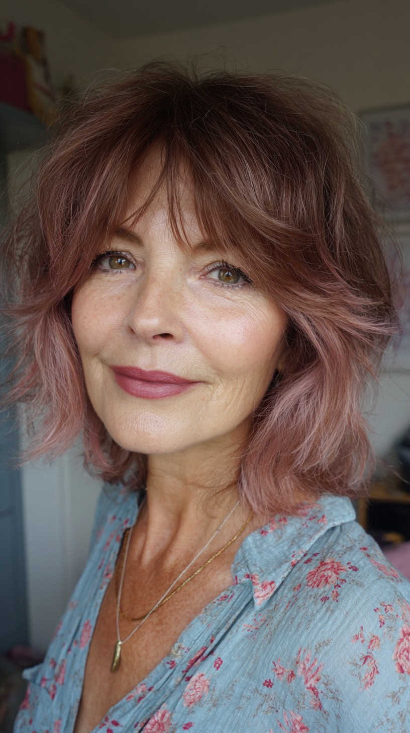 Soft Textured Bob with Rose Gold Highlights