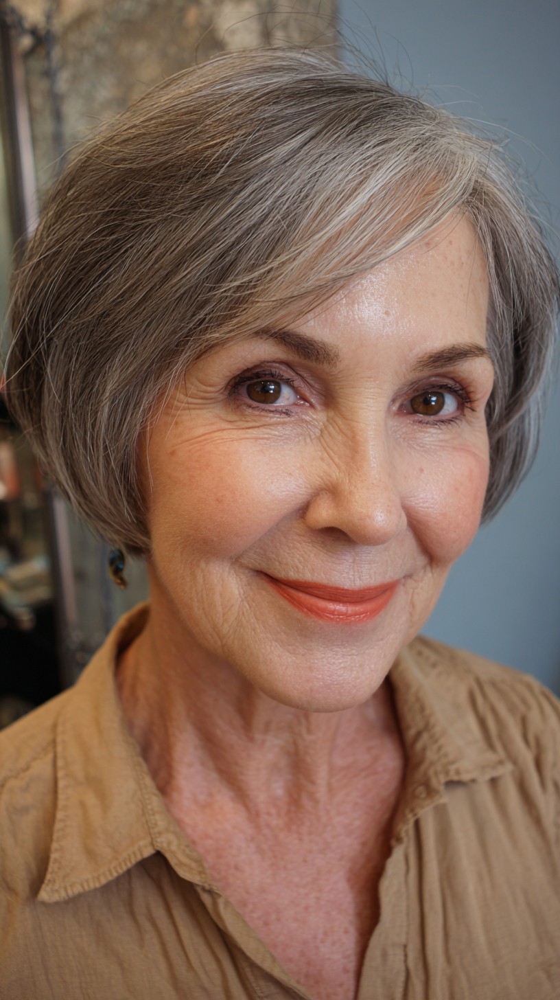 Softly Textured Gray Bob with Subtle Side Sweep