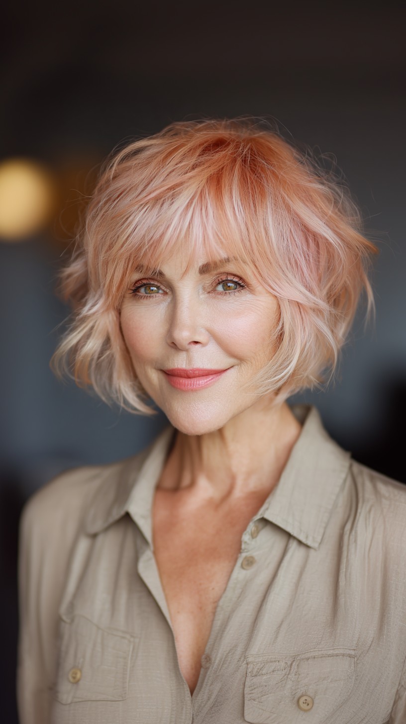 Stylish Light Rose Gold Shaggy Bob with Soft Texture