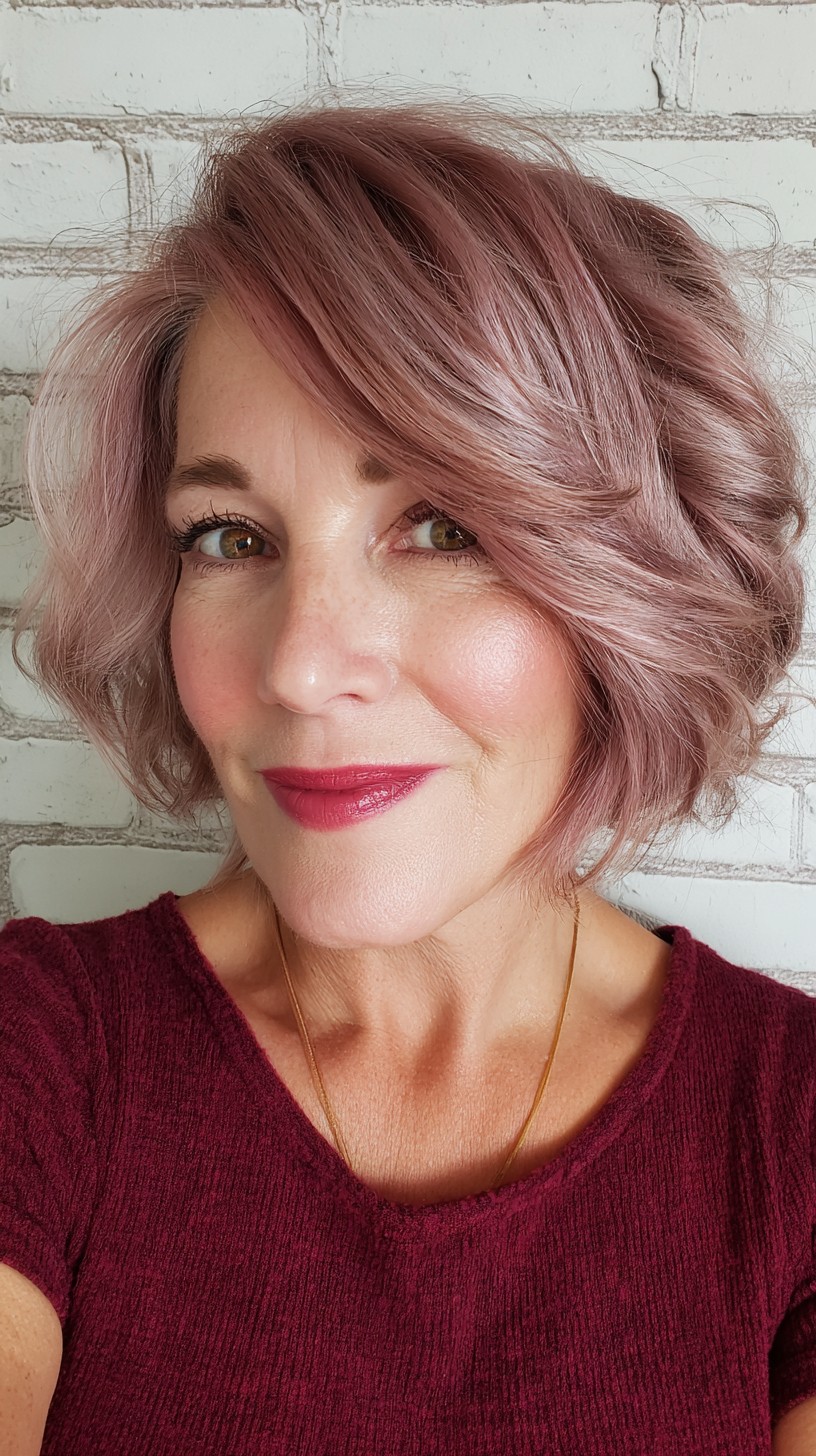 Stylish Rose Gold Curly Bob with Soft Layers