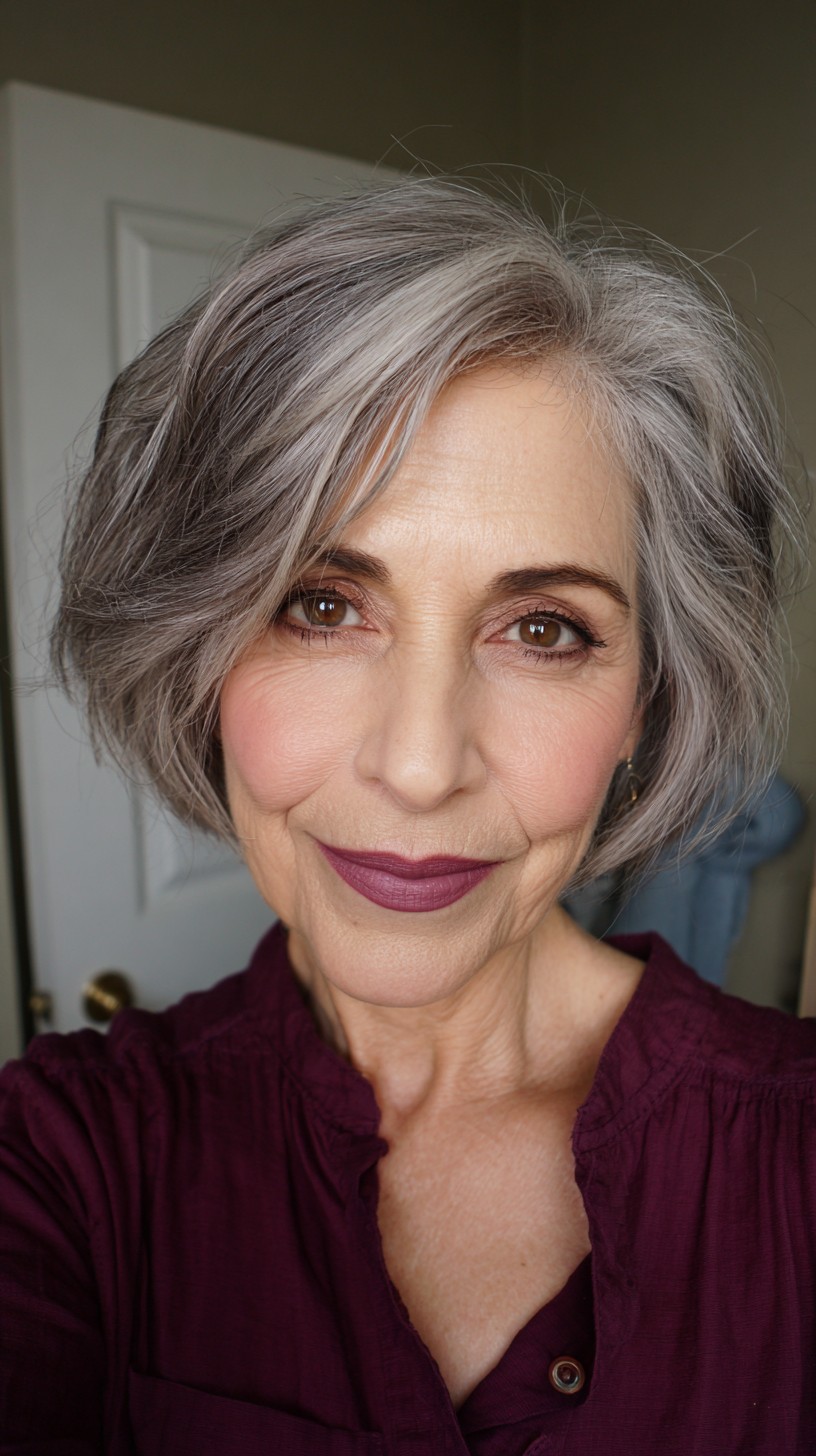 Stylish Softly Curled Gray Bob with Face-Framing Layers