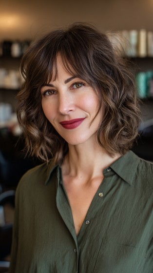 Textured Mid-Length Wavy Cut with Soft Bangs