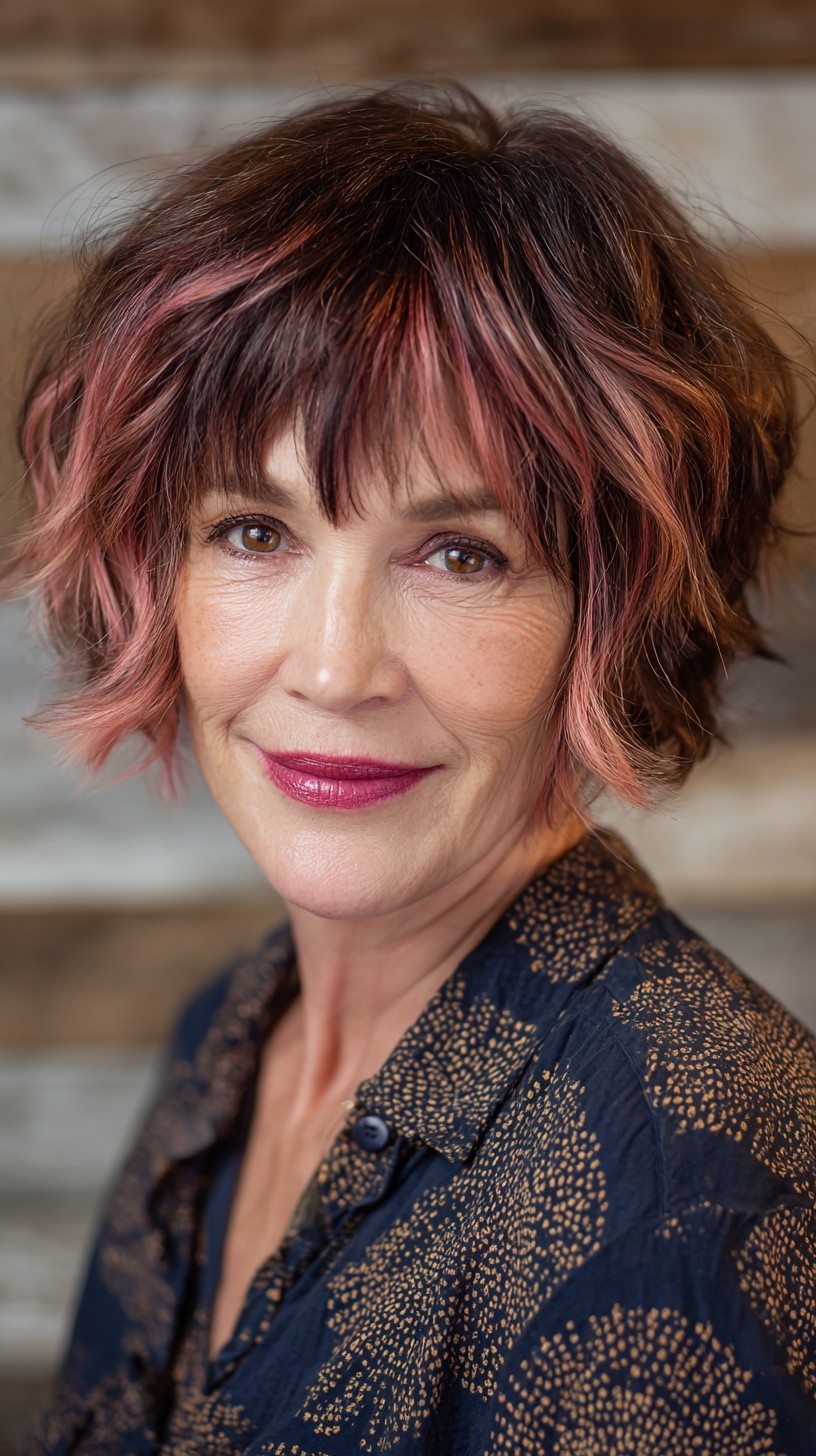 Textured Short Bob with Rose Gold Highlights
