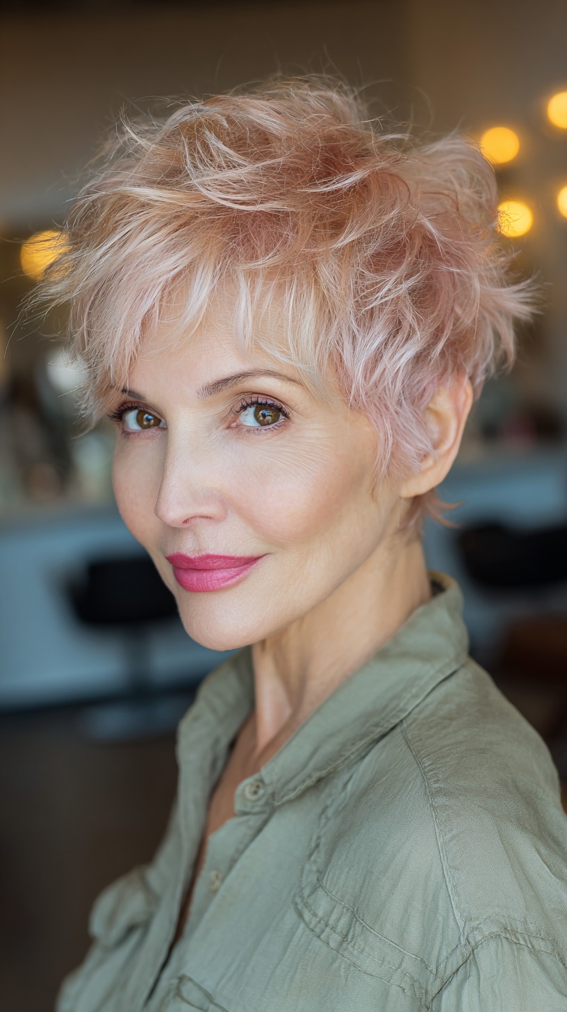 Trendy Light Rose Gold Textured Pixie Cut with Effortless Volume