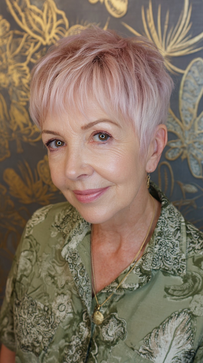 Trendy Light Rose Gold Textured Pixie with Effortless Layers