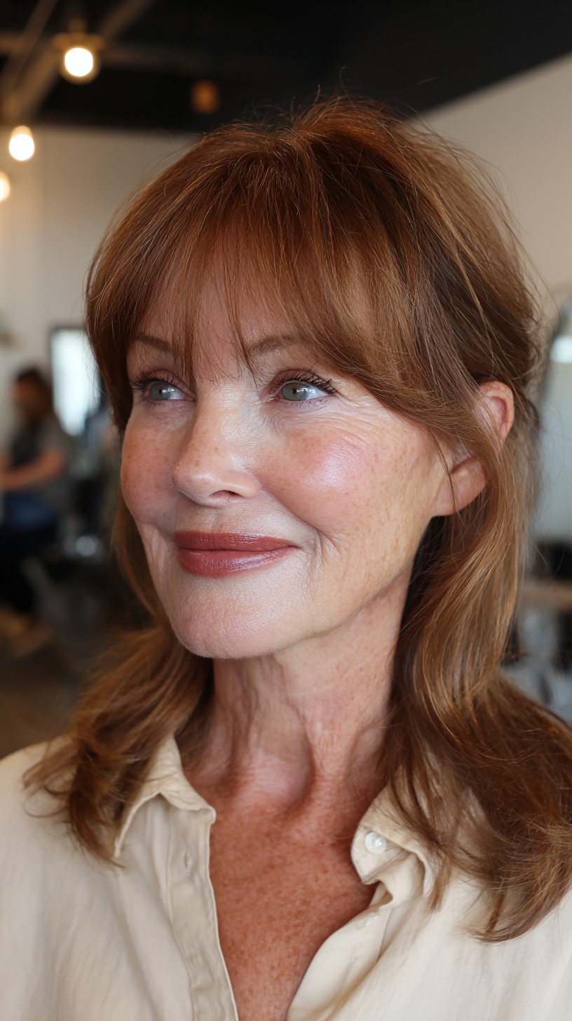 Warm Auburn Shag with Long Bangs