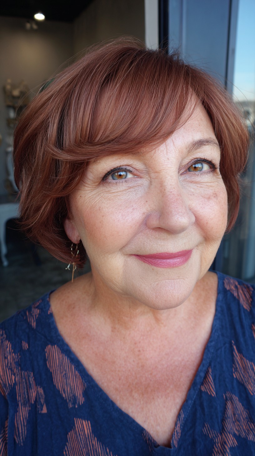 Warm Copper Textured Bob with Long Bangs