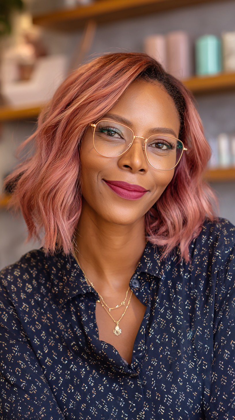Charming Rose Gold Wavy Lob with Face-Framing Layers
