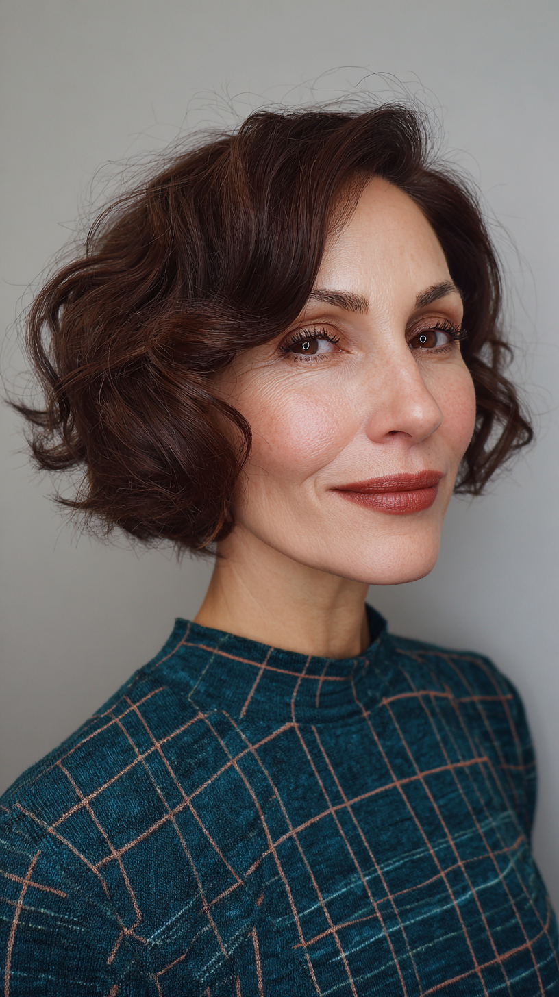 Textured Deep Mahogany Bob with Soft Curly Layers