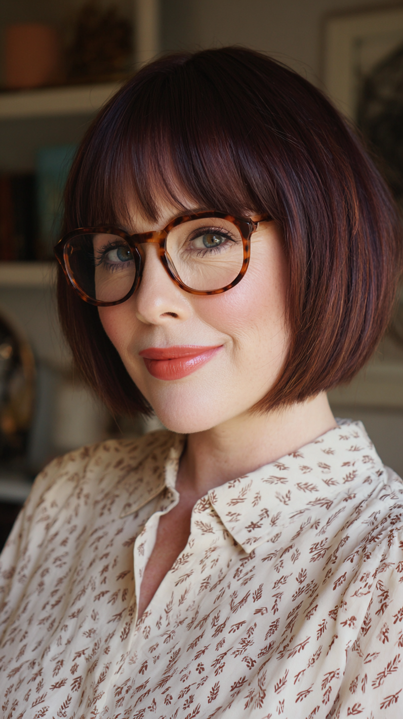 Bold Deep Mahogany Bob with Soft Bangs