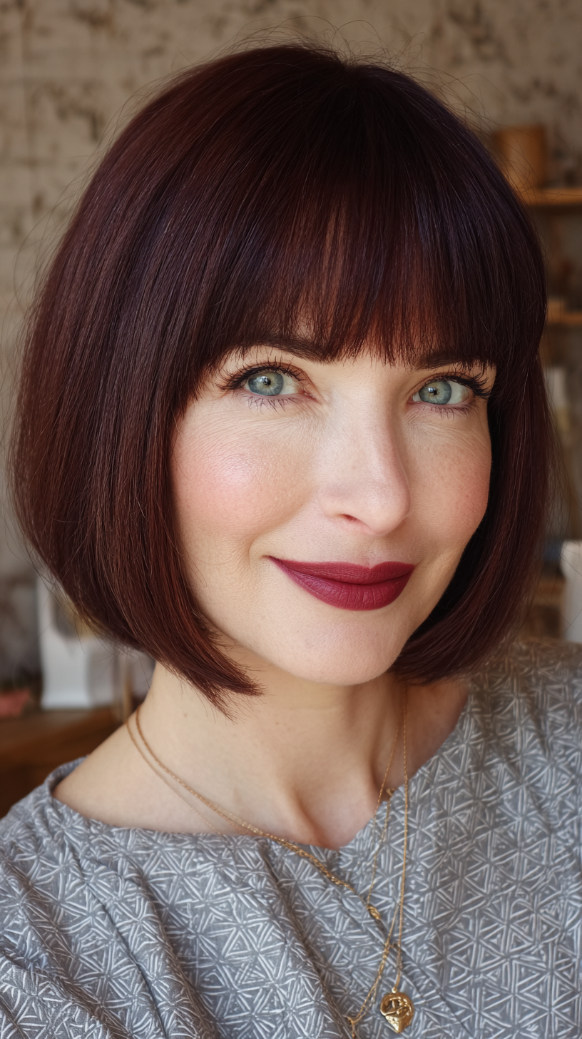 Chic Deep Mahogany Bob with Classic Blunt Bangs