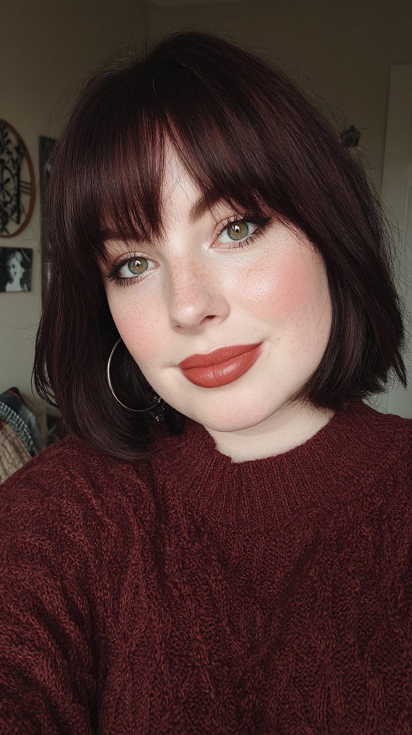 Chic Deep Mahogany Bob with Soft Blunt Bangs