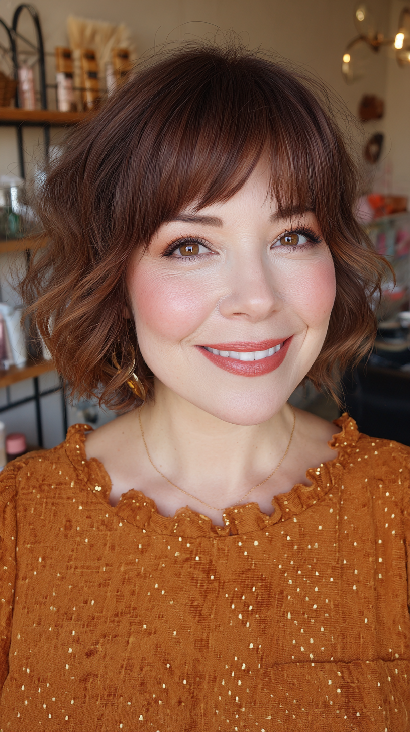 Chic Deep Mahogany Bob with Soft Waves and Bangs