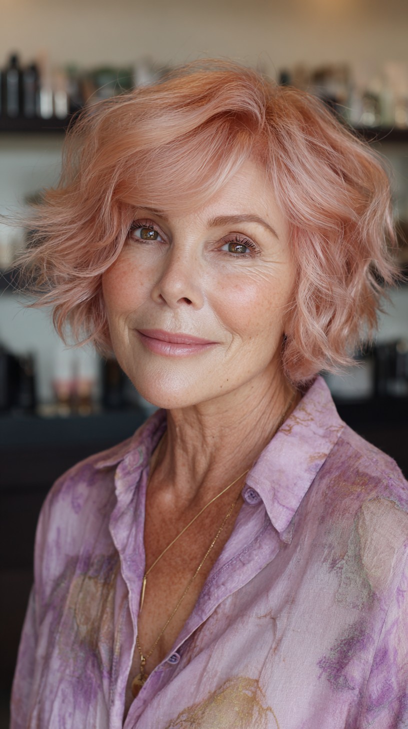 Chic Rose Gold Curly Bob with Face-Framing Layers