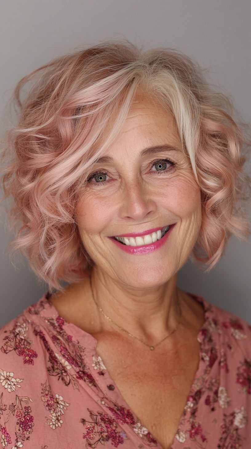 Chic Rose Gold Curly Bob with Textured Layers