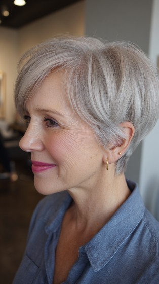 Chic Softly Layered Pixie Cut with Subtle Pearlescent Tones