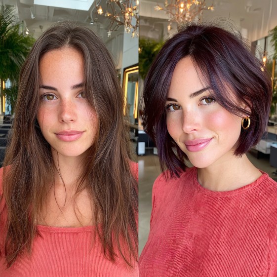Chic Textured Bob with Burgundy Highlights