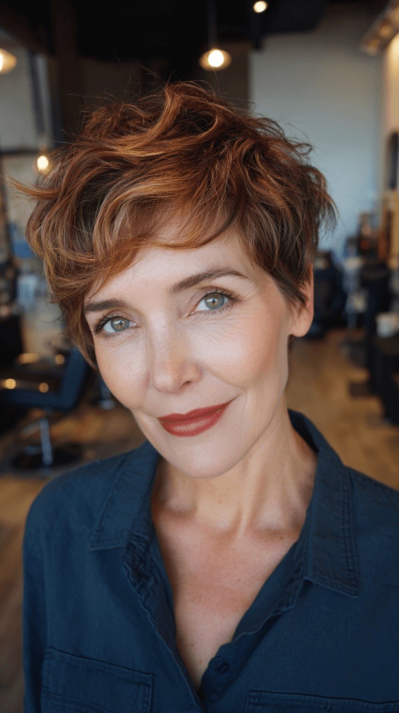 Chic Textured Pixie Cut with Warm Highlights