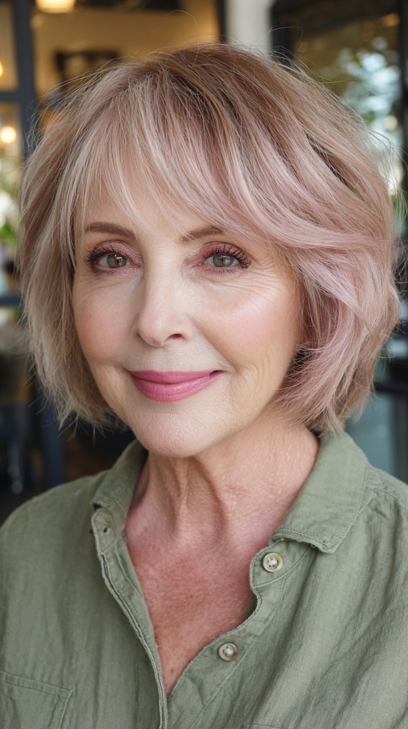 Chic Textured Rose Gold Bob with Soft Bangs