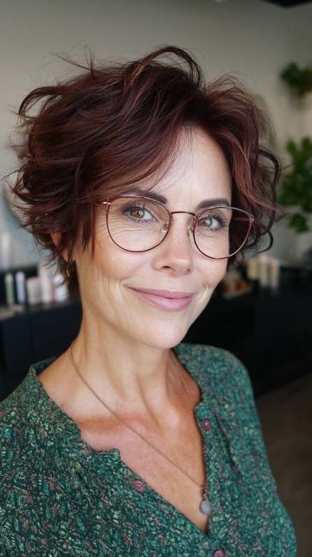 Chic Tousled Pixie Bob with Rich Burgundy Highlights
