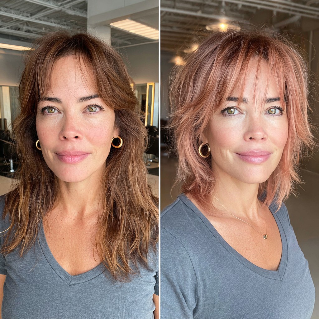 Choppy Rose Gold Shag with Dark Roots