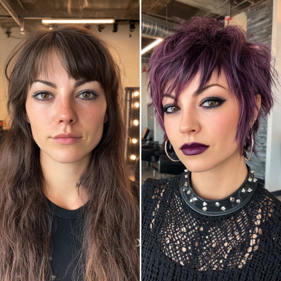 Edgy Textured Pixie with Vibrant Purple Highlights