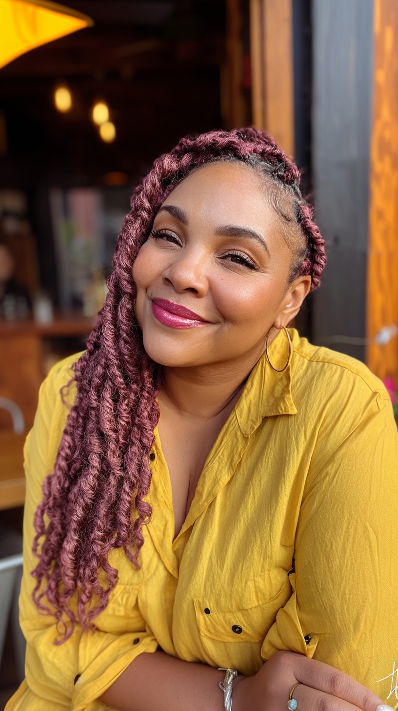 Glamorous Rose Gold Curly Locs with Face-Framing Layers