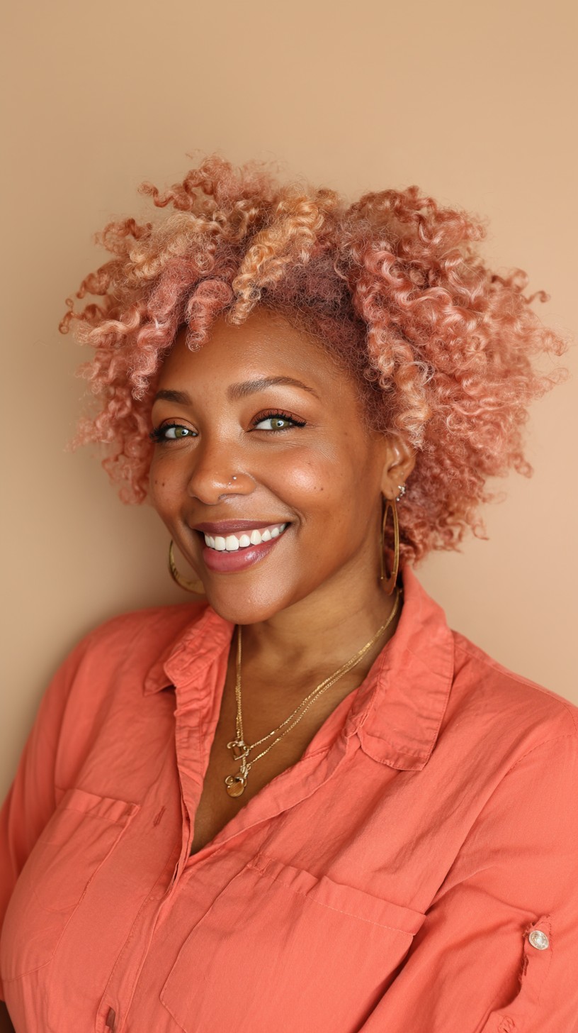 Radiant Rose Gold Curly Afro with Soft Highlights