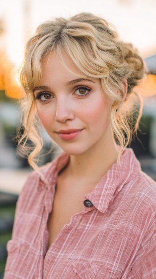 Romantic Curly Updo with Face-Framing Bangs