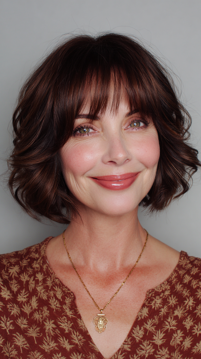 Stylish Deep Mahogany Bob with Soft Curls and Bangs
