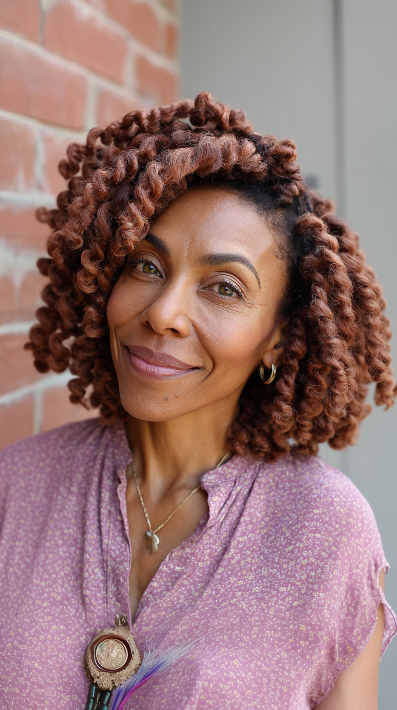 Stylish Rose Gold Curly Shoulder-Length Cut