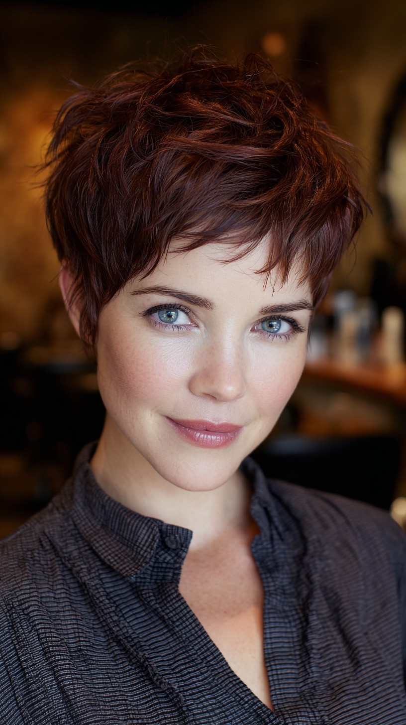 Textured Auburn Pixie Cut with Playful Layers