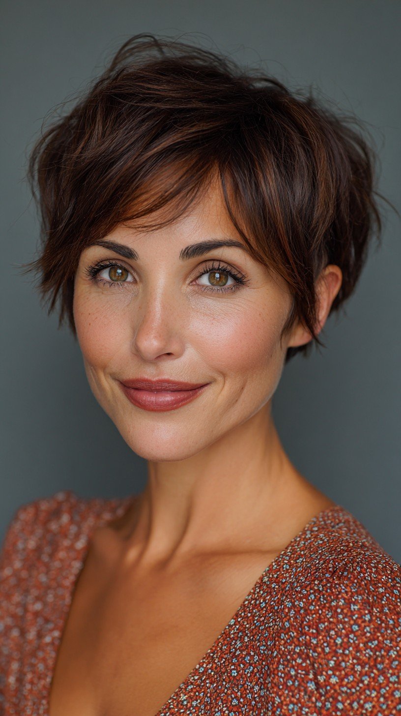 Textured Brunette Pixie with Soft Bangs